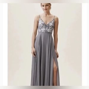 BHLDN Sadia Blue/Grey Floral Embroidered Maxi Bridesmaid